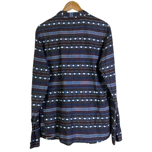 Carbon Button Down Shirt Mens L Blue Brown Aztec Print Cotton Slim Fit Retro - Picture 3 of 6